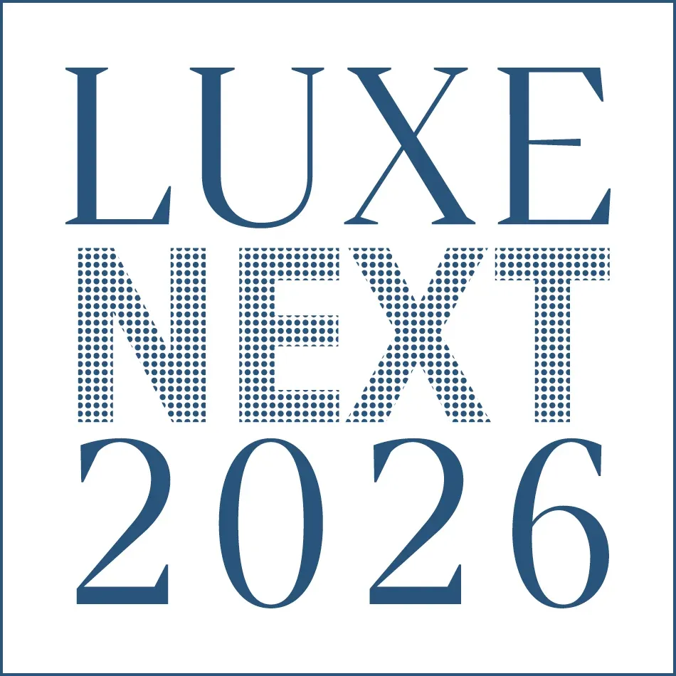 Luxe Next 2026 typography logo in blue serif and dotted font design House Rupert interior design Santa Barbara and Montecito
