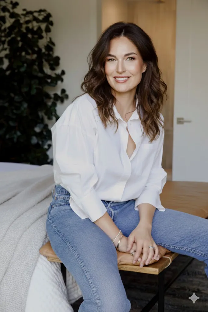 Brunette woman in white button-down shirt and jeans sitting on wooden bench in modern neutral living room House Rupert interior design Santa Barbara and Montecito